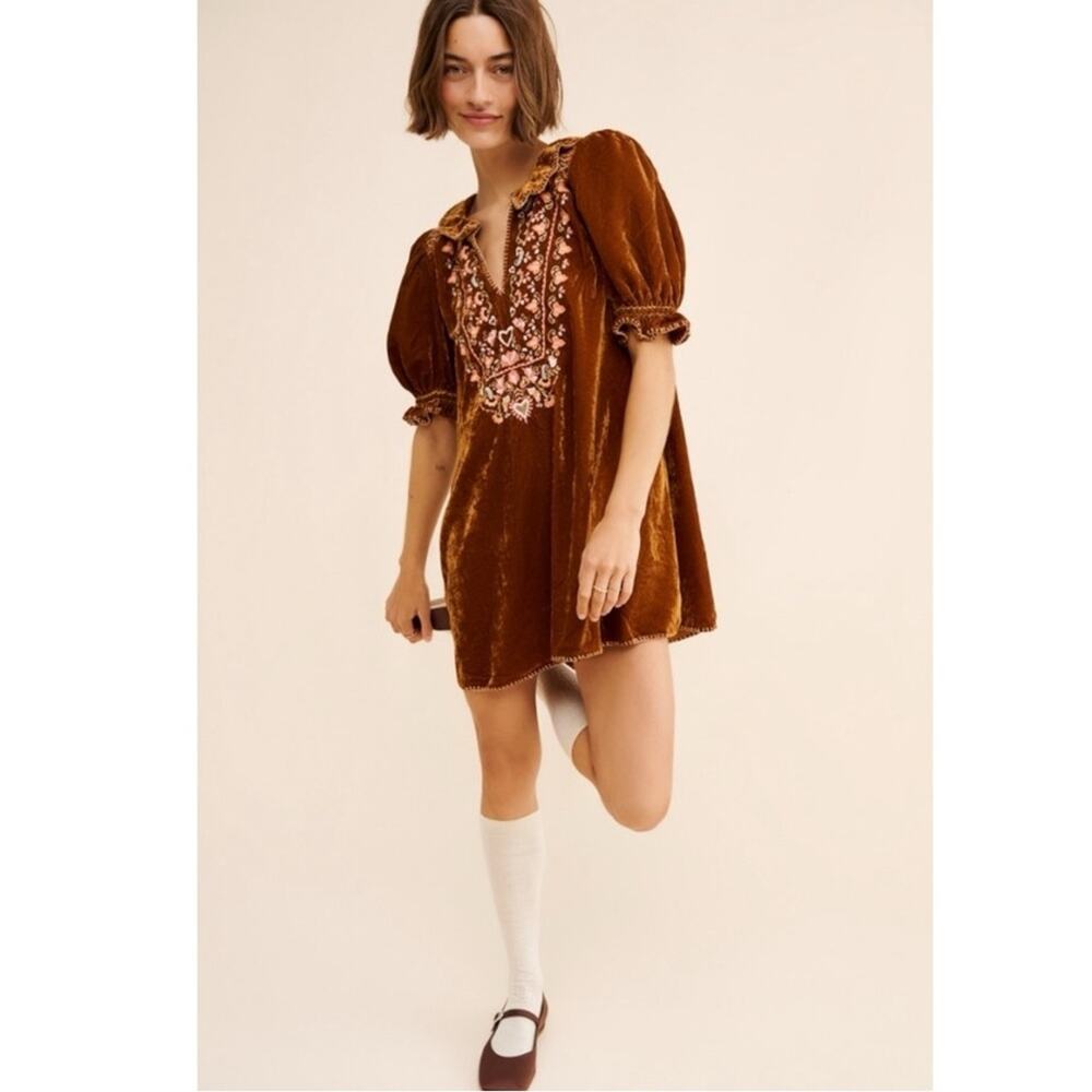 Free People Bohemian Embroidered Velvet Freya Tunic Dress Amber Brown Size Large - Picture 3 of 14